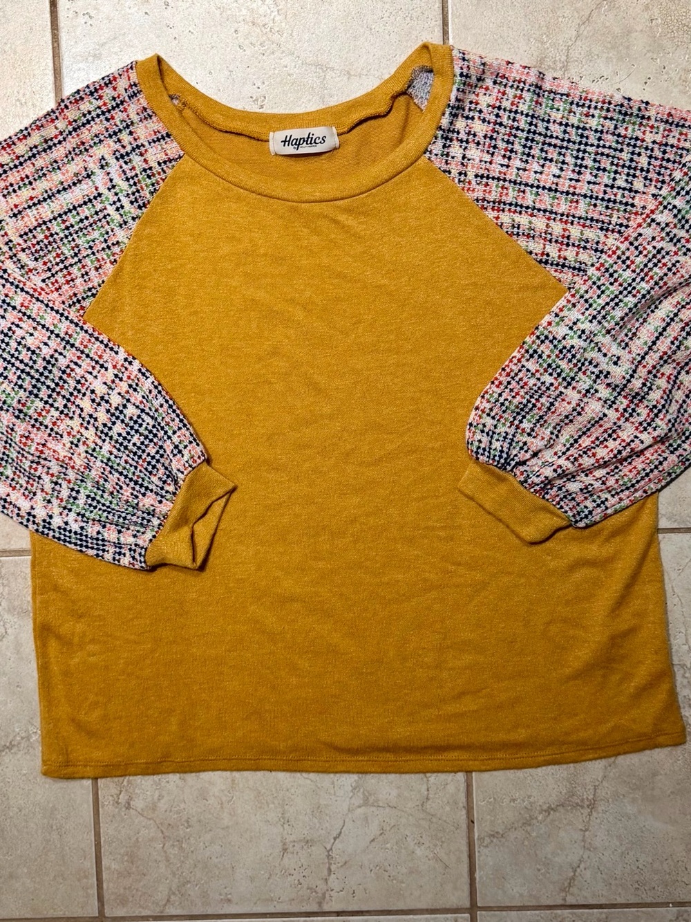 Haptics Women’s Mustard Yellow Raglan Sweater with Patterned Sleeves